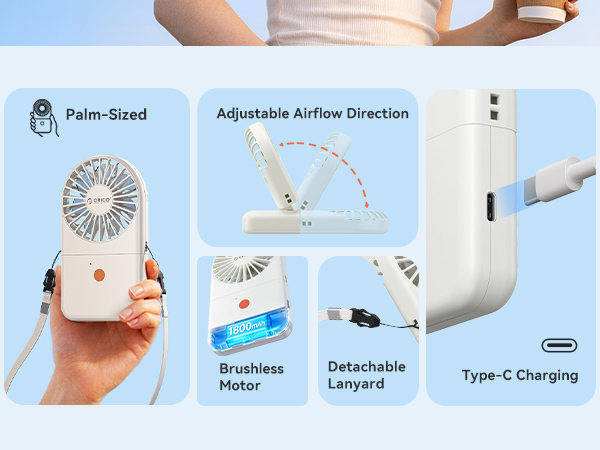 Text reads 'Palm-Sized', 'Adjustable Airflow Direction', 'Brushless Motor', 'Detachable Lanyard', 'Type-C Charging'. Portable handheld fan in white/peach color shown from multiple angles demonstrating palm-sized scale, adjustable nozzle, and charging cable attachment.