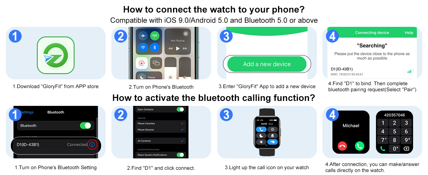 Instructional guide showing steps to connect a smartwatch to a phone and activate Bluetooth calling. Includes app screenshots and watch interface images demonstrating the pairing process.