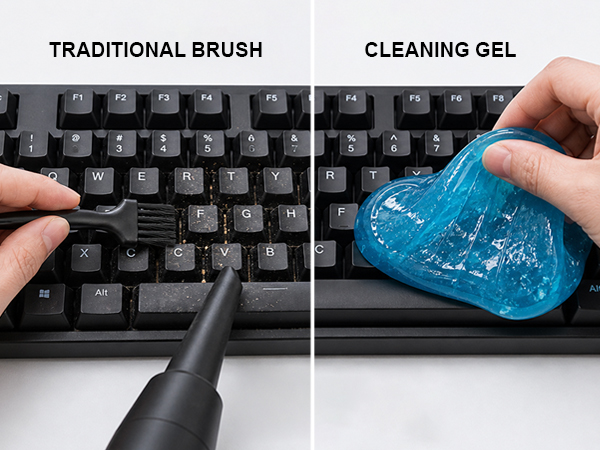 Car cleaning gel outperforms a traditional brush by pulling crumbs from deep between keyboard keys