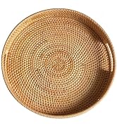 11.8" Round Rattan Tray, Hand Woven Serving Tray with Handles, Wicker Serving Basket, Decorative ...