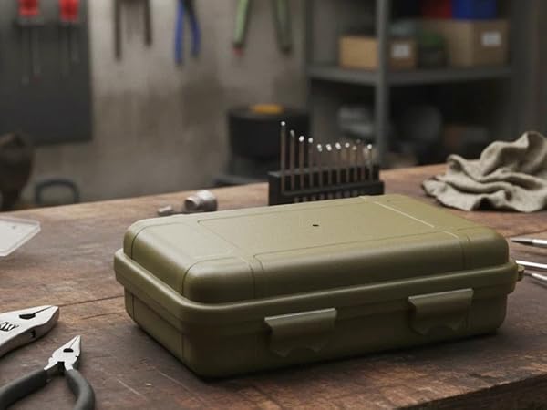 Case on wooden workbench with tools and multimeter