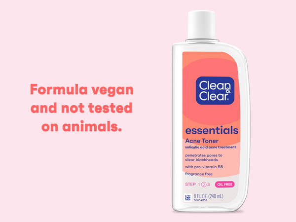 bottle of Clean & Clear Essentials Acne Toner on coral colored background, formula vegan