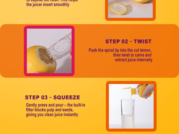 Steps: 1 cut, 2 twist, 3 squeeze