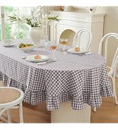 Wolkemer Grey and White Gingham Ruffled Oval Tablecloth, 60x84 Inch | Washed Cotton Buffalo Plaid...