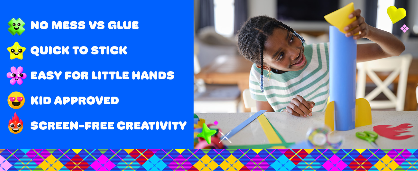 No mess vs glue, quick to stick, easy for little hands, kid approved, screen-free creativity