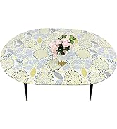 LIBERECOO Oval Tablecloth Vinyl Fitted Elastic Edge with Flannel Backing - Abstract Floral - Wate...