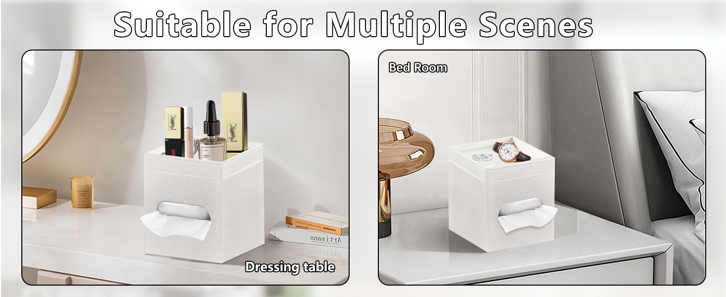 Tissue Box Cover Square, PU Leather Tissue Cube Box Holder with Storage Valet Tray
