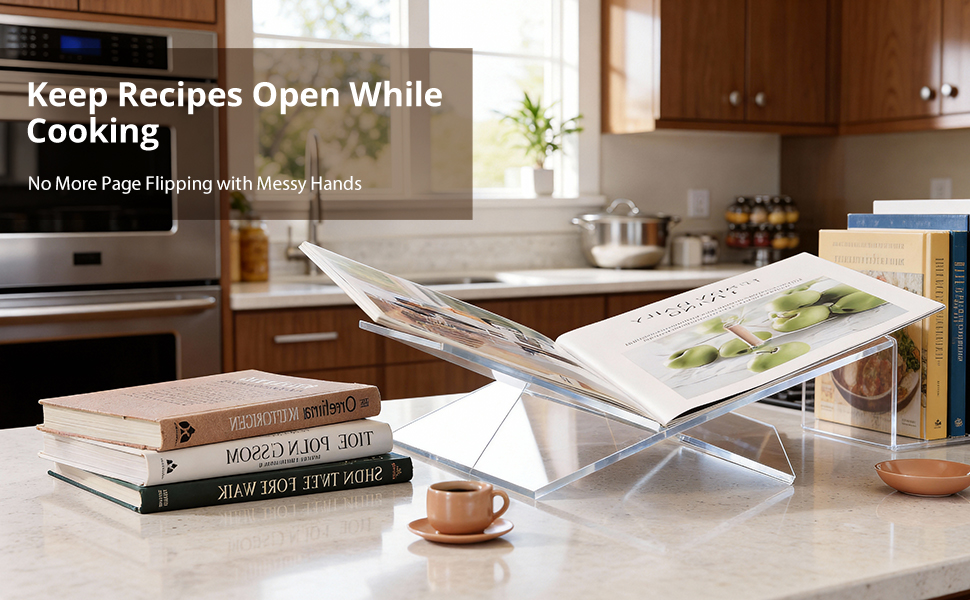 clear acrylic cookbook stand holding open recipe book on kitchen countertop during cooking