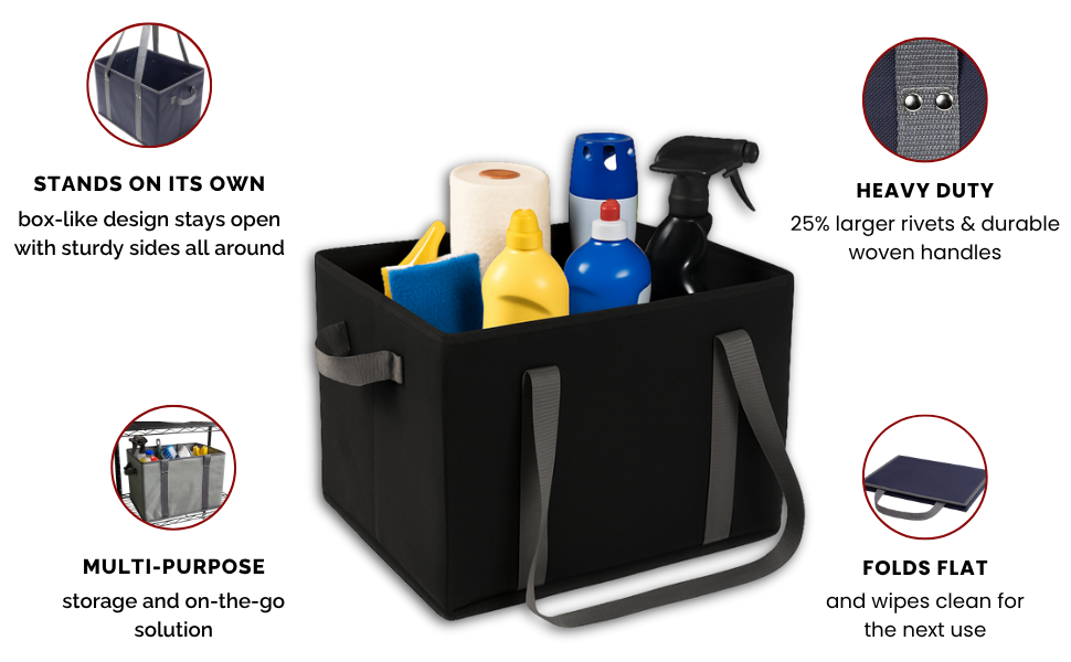Heavy duty reusable shopping tote features: box-like design, larger rivets to hold handles