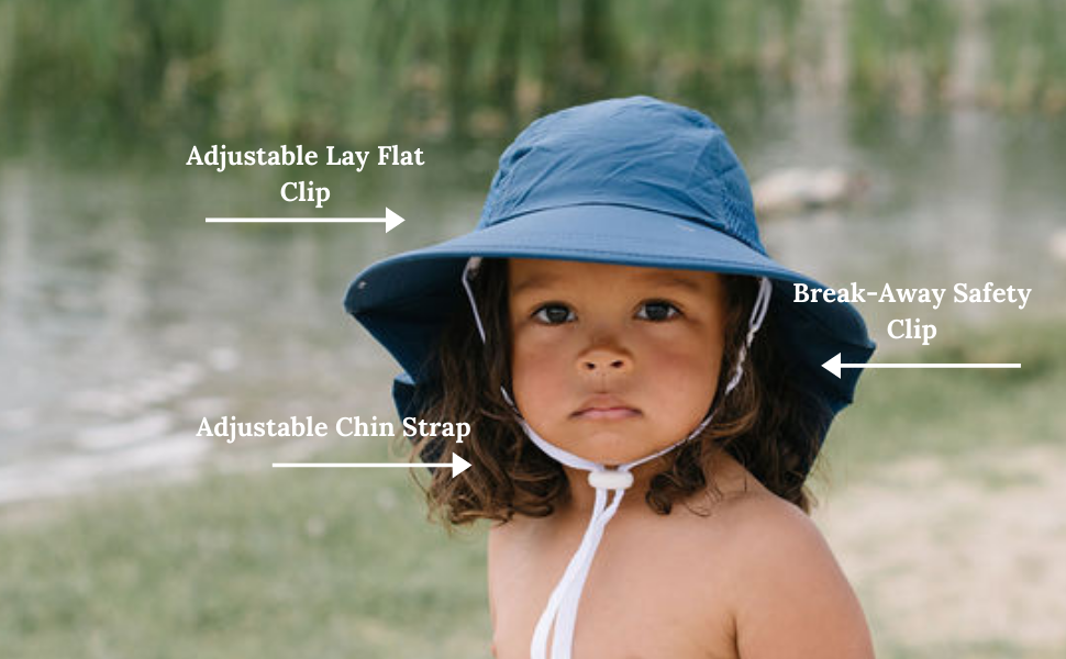 adjustable lay flat clip, breakaway safety clip, adjustable chin strap boy girl sun beach cap SPF UV