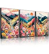 Frimeeme Colorful Floral Mountain Wall Art Set of 3, Boho Nature Landscape Print, Unframed, for L...
