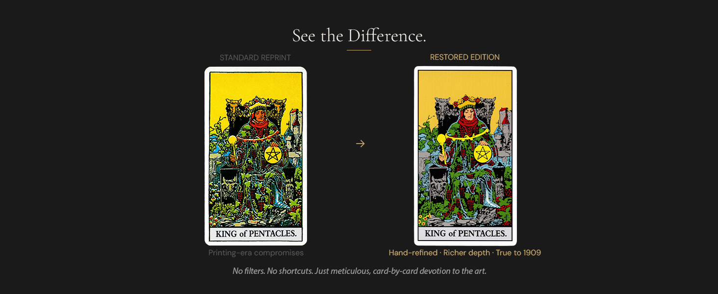 Dionysus restored edition King of Pentacles tarot card refined colors and sharp details