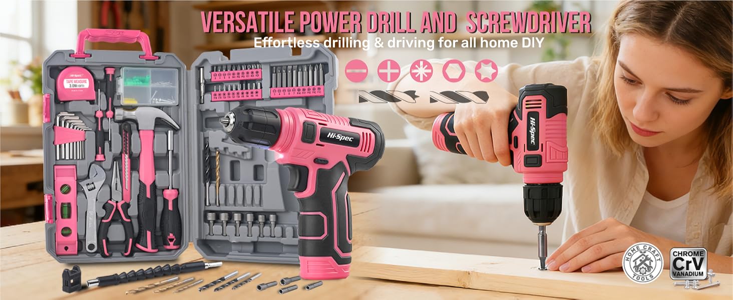 Pink Tool Set with 8V Drill Set. Complete Cordless & Rechargeable USB Electric Drill Driver Kit