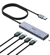 USB hub with multiple ports. Silver rectangular device connected to a USB cable, with four additional ports visible.