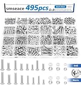 smseace 495Pcs SAE&Metric Nuts and Bolts Assortment Kit 26-Sizes M3/M4/M5#6-32#8-32#10-24 Phillip...