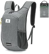 Grey heathered backpack with padded shoulder straps, main compartment, mesh side pockets, and small logo patch. Includes packable storage bag shown to the right.