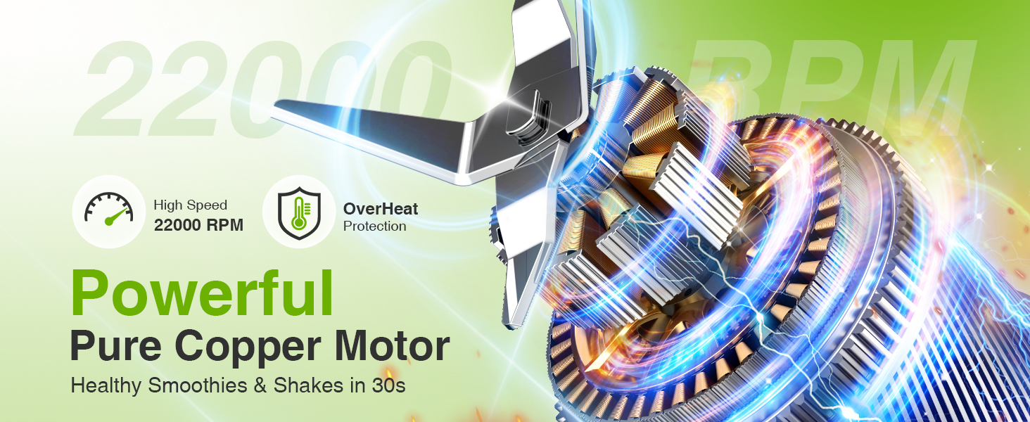 Powerful 22000 RPM pure copper motor blender, blends frozen ingredients effortlessly