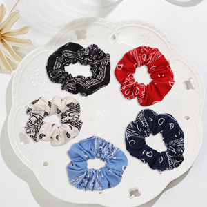 5 pack scrunchies of five different colors: Black, White, Red, Navy Blue and Carolina Blue