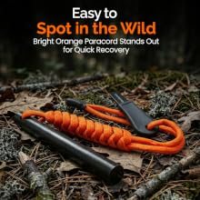 Ferrocerium Rod with striker on orange paracord dropped in the woods making it easy to find
