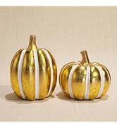 Gold and White Pumpkin Decor, Resin Pumpkin Figurines for Fall Decorations | 2Pcs Artificial Pump...