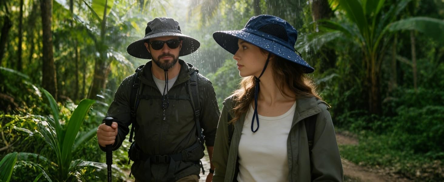 Couple in waterproof sun hats hike in a rainy jungle. Durable safari hat for wet outdoor trips.