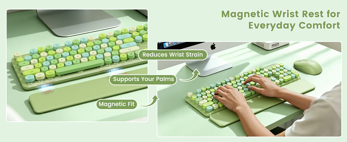 Green Multi-Color retro keyboard and mouse with magnetic wrist rest for everyday comfort.