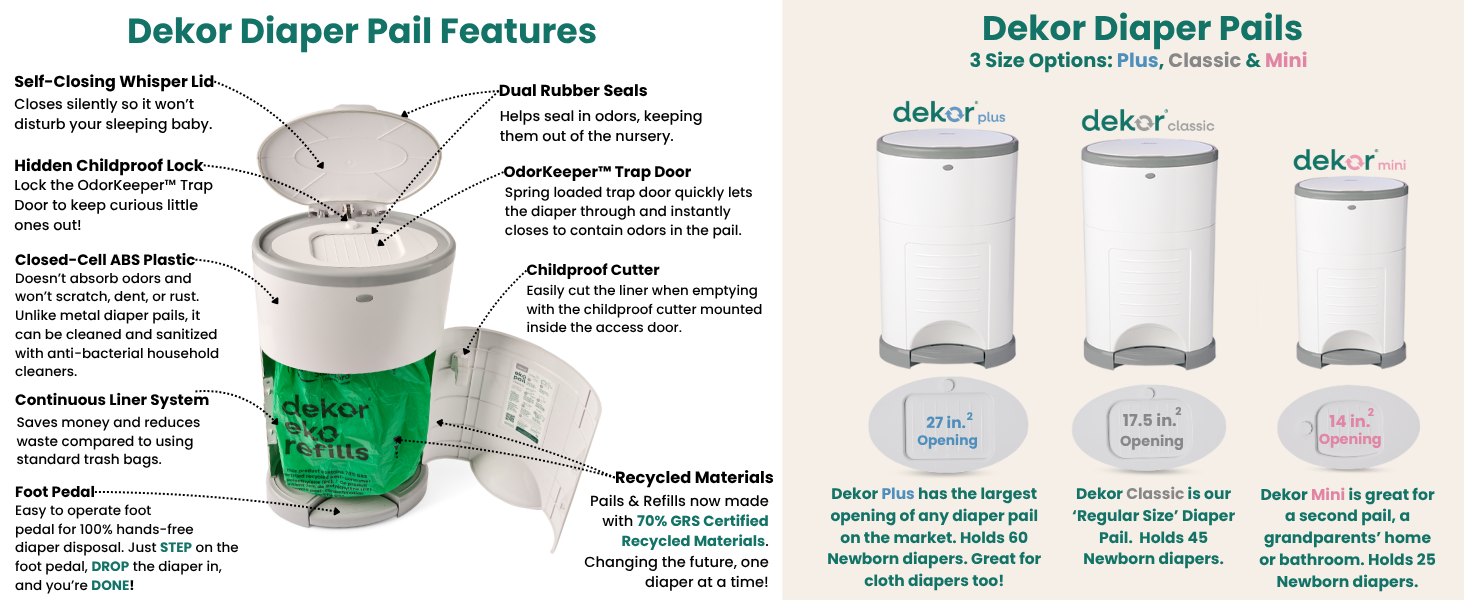 dekor eko diaper pail features and sizes