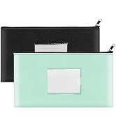 2 Pack Money Bags with Zipper, Bank Pouch with Label, 11 x 6.1 Inch PU Leather Cash Deposit Holde...