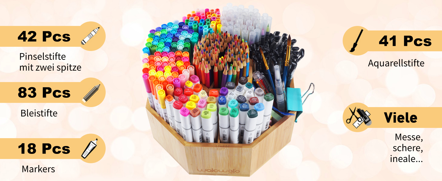 Art supply set in wooden organizer. Includes 42 brush pens, 83 colored pencils, 41 watercolor pencils, and 18 markers, with quantity labels.