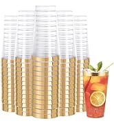 DaYammi 100 Pack Gold Plastic Cups 16 Oz Elegant Clear Plastic Cups Gold Rimmed Disposable Wine G...