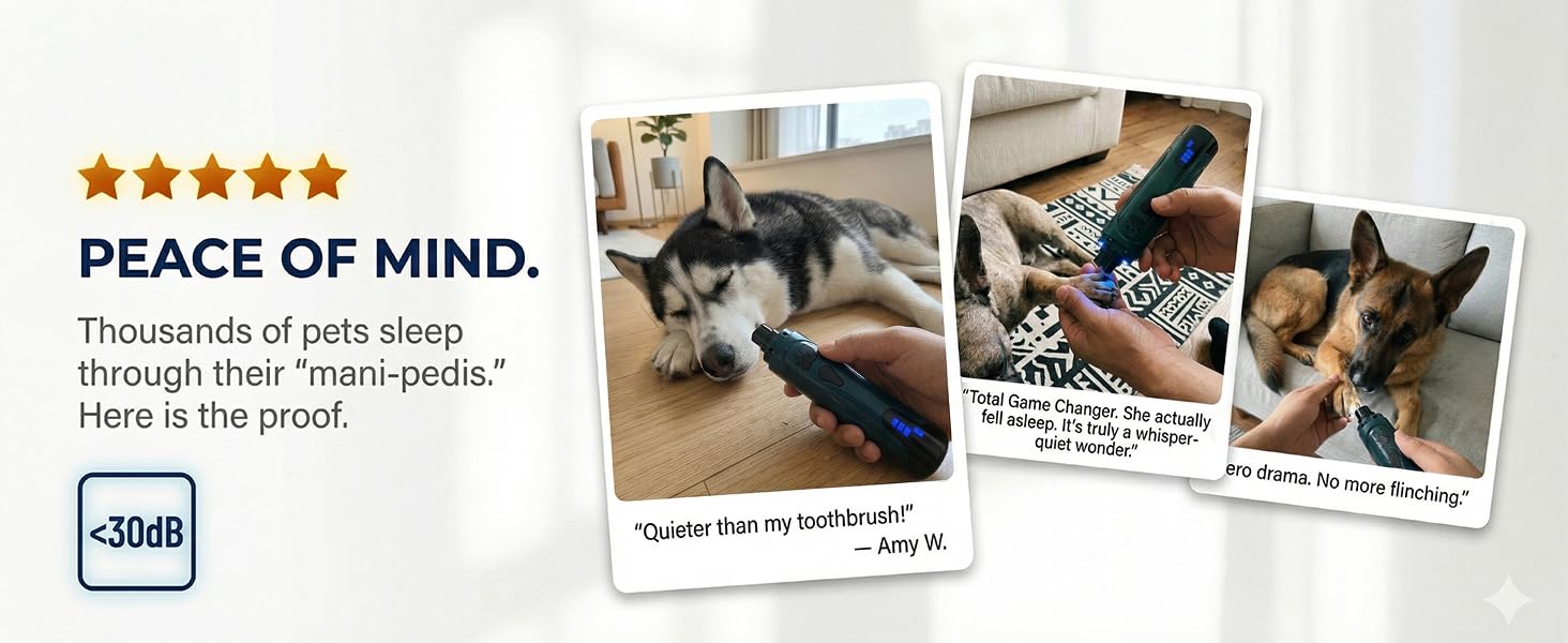 Customer photo collage showing calm dogs during nail trimming with YABIFE quiet dog nail grinder