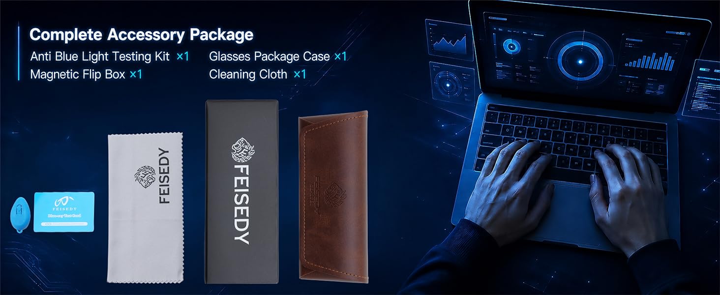 Anti Blue Light Testing Kit ×1, Glasses Package Case ×1, Magnetic Flip Box ×1, Cleaning Cloth ×1