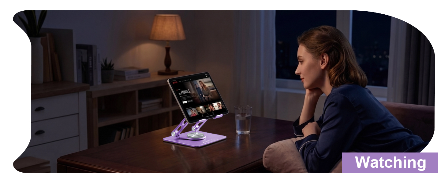 Rotating tablet stand for movies, streaming videos and relaxing after a long day at night