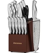 Astercook Knife Set, 15-Piece Kitchen Knife Set with Block, Built-in Knife Sharpener, German Stai...