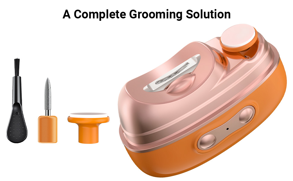 Complete newborn grooming kit with electric nail clipper, brush, and filing attachments.