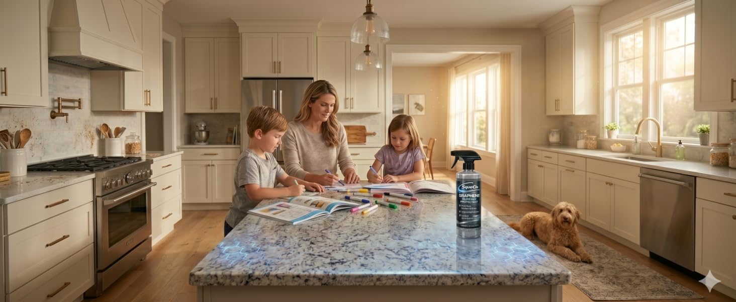 Mother helping children with homework and crafts at large kitchen island. Family dog relaxing