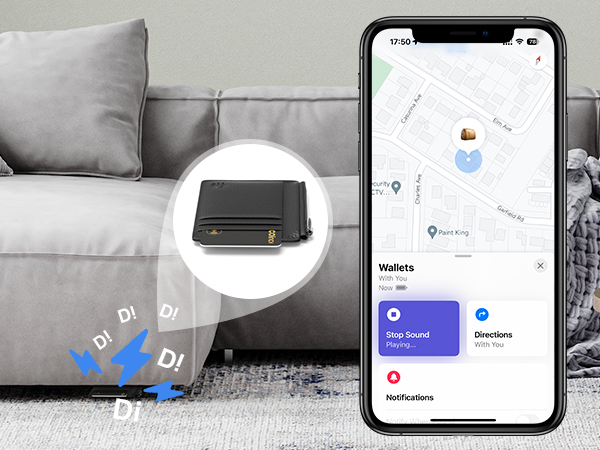 Smart tracking device shown next to smartphone displaying map interface, with device placement indicated near gray couch cushions.