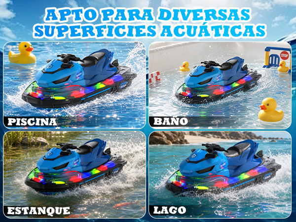 Text reads 'APTO PARA DIVERSAS SUPERFICIES ACUÁTICAS' with labels 'PISCINA', 'BAÑO', 'ESTANQUE', 'LAGO'. Colorful jet ski toy shown in four aquatic environments - pool, bathroom, pond, lake settings.