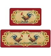 Kuyuayee Farmhouse Kitchen Mats Set of 2 Non-Slip Red Farm Rooster Kitchen Rugs Seasonal Home Dec...