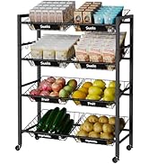 IBUYKE 25.2" W Kitchen Fruit Vegetable Storage Cart,Metal Rolling Snack Cart with 8 Removable Bas...