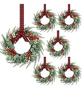 6 Pcs 8" Mini Christmas Wreaths for Kitchen Cabinet Small Christmas Candle Rings Wreaths, Front D...