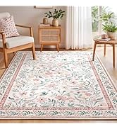 SHACOS Pink Floral Area Rugs 5x7 Nursery Rug, Machine Washable Boho Rugs for Bedroom, Non Slip So...