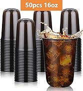 KesaPlan 50 Pcs Black Plastic Cups, 16oz Disposable Stemless Wine Glasses for Cocktail Cute Clear...
