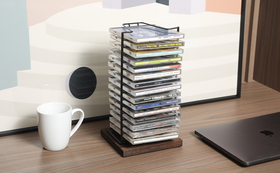 Matte Black Metal Wire Vertical Compact Disc Holder with and Burnt Wood Base