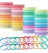 QEERBSIN 60 Pcs Jesus Loves You Rubber Bracelets Colorful Silicone Wristbands Jesus Loves You Sil...