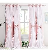 PONY DANCE Girls Curtains for Bedroom Decorative Drapes for Kids Double Layer Curtain Ruffle Shee...