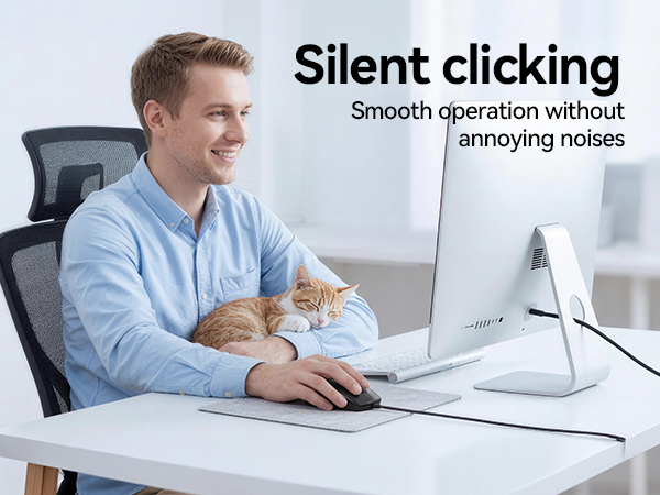 Text reads 'Silent clicking' and 'Smooth operation without annoying noises'. Person using computer mouse at desk, demonstrating quiet mechanical mouse operation in workspace.