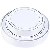 HOME BREEZE Silver Rim Plastic Plates Set of 60 Count, Disposable Plates with Silver Rim 30 Dinne...