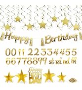 HonuGoGo Gold Birthday Decorations, 23ct Gold Party Decoration Kit with Customizable Age Banner, ...