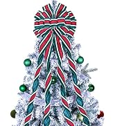 Christmas Tree Topper Bow Large Green Christmas Wreath Bow Tree Topper, Flocking Fabric with Whit...